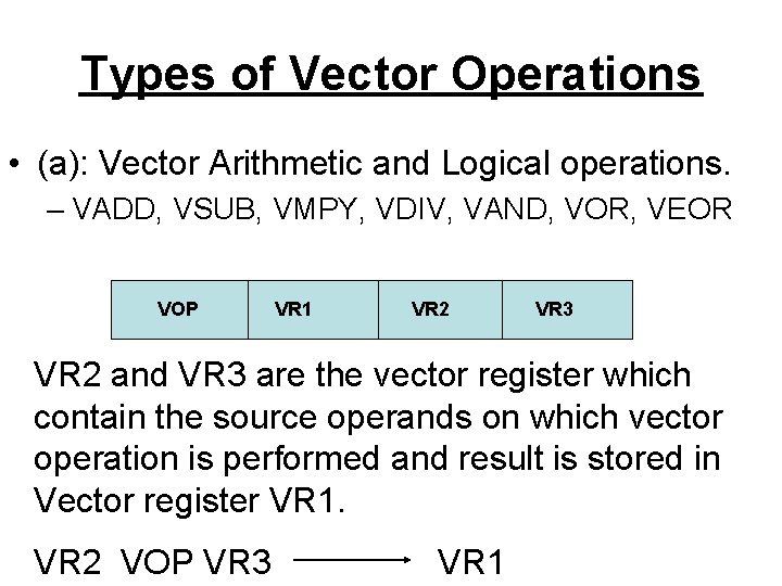 Types of Vector Operations • (a): Vector Arithmetic and Logical operations. – VADD, VSUB,