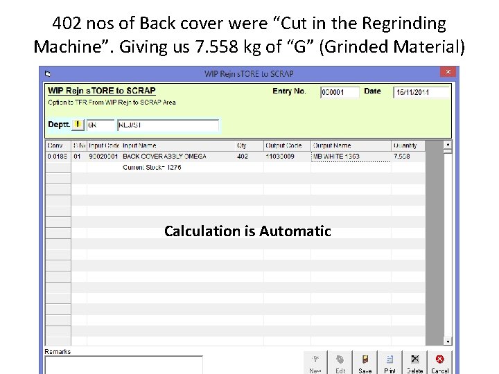 402 nos of Back cover were “Cut in the Regrinding Machine”. Giving us 7.