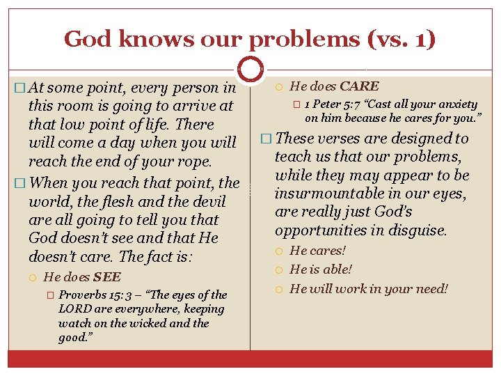 God knows our problems (vs. 1) � At some point, every person in this God knows our problems (vs. 1) � At some point, every person in this