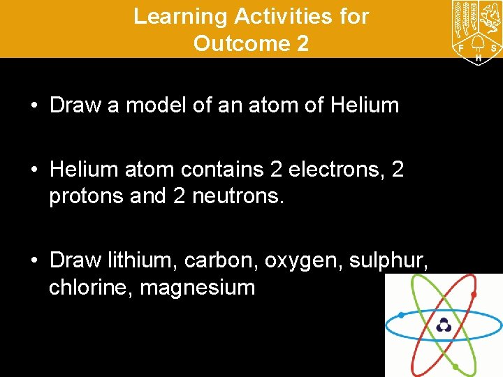 Learning Activities for Outcome 2 • Draw a model of an atom of Helium