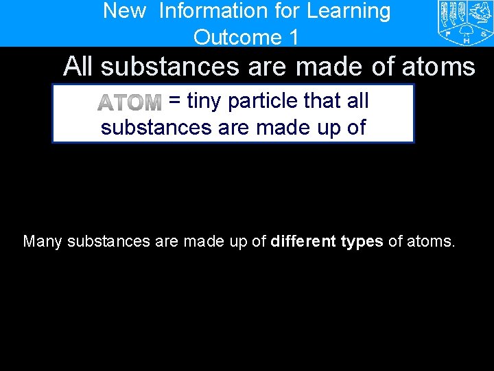 New Information for Learning Outcome 1 All substances are made of atoms = tiny