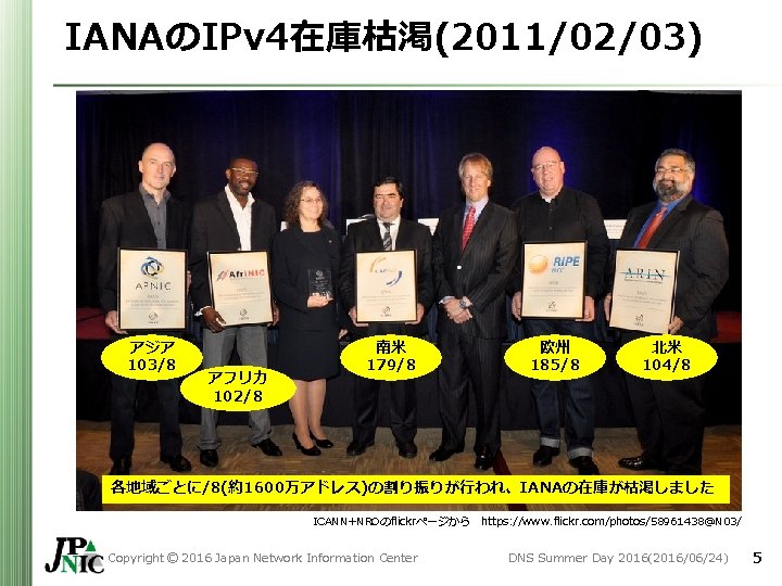 IANAのIPv 4在庫枯渇(2011/02/03) アジア 103/8 アフリカ 102/8 南米 179/8 欧州 185/8 北米 104/8 各地域ごとに/8(約1600万アドレス)の割り振りが行われ、IANAの在庫が枯渇しました ICANN+NROのflickrページから IANAのIPv 4在庫枯渇(2011/02/03) アジア 103/8 アフリカ 102/8 南米 179/8 欧州 185/8 北米 104/8 各地域ごとに/8(約1600万アドレス)の割り振りが行われ、IANAの在庫が枯渇しました ICANN+NROのflickrページから