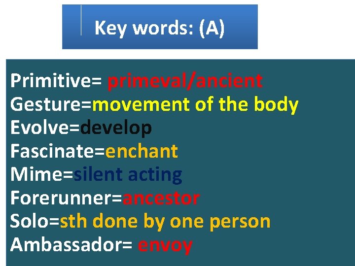 Key words: (A) Primitive= primeval/ancient Gesture=movement of the body Evolve=develop Fascinate=enchant Mime=silent acting Forerunner=ancestor