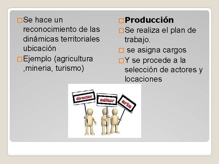 �Producción �Se hace un reconocimiento de las dinámicas territoriales ubicación �Ejemplo (agricultura , mineria,