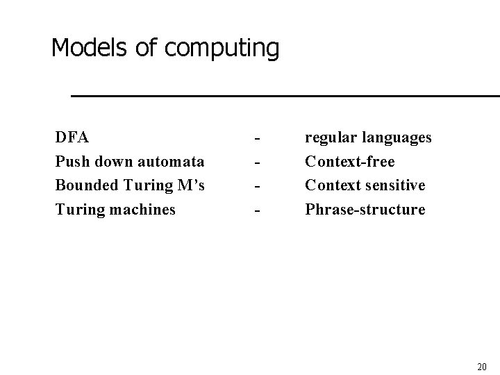 Models of computing DFA Push down automata Bounded Turing M’s Turing machines - regular