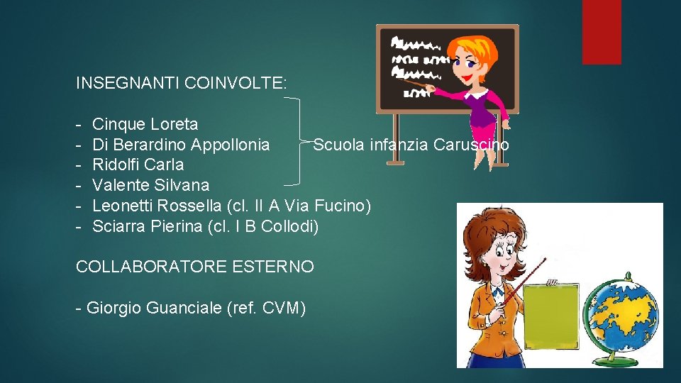 INSEGNANTI COINVOLTE: - Cinque Loreta Di Berardino Appollonia Scuola infanzia Caruscino Ridolfi Carla Valente