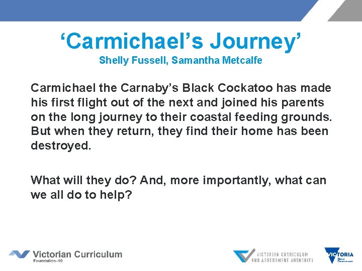 ‘Carmichael’s Journey’ Shelly Fussell, Samantha Metcalfe Carmichael the Carnaby’s Black Cockatoo has made his