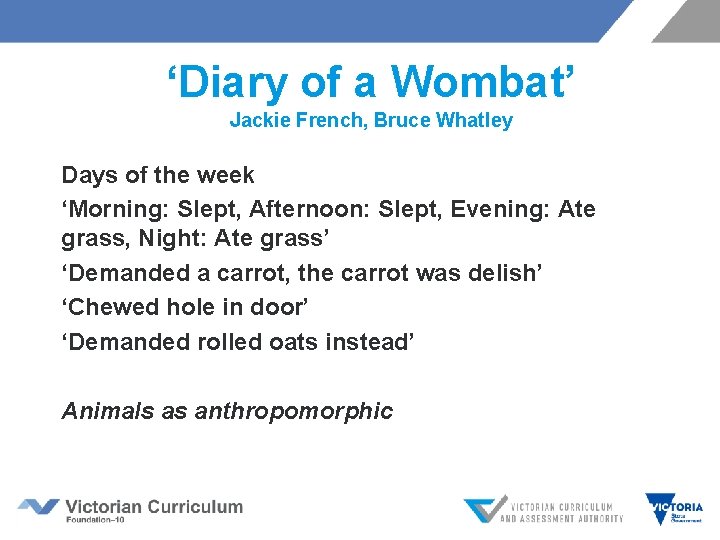 ‘Diary of a Wombat’ Jackie French, Bruce Whatley Days of the week ‘Morning: Slept,