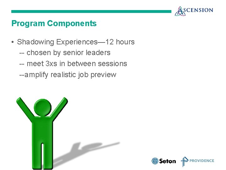 Program Components • Shadowing Experiences— 12 hours -- chosen by senior leaders -- meet