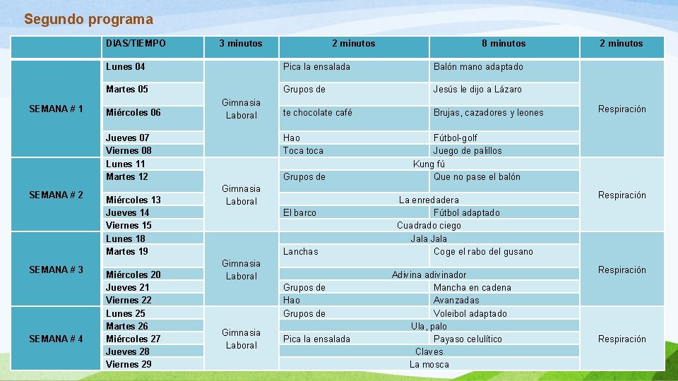 Segundo programa DIAS/TIEMPO SEMANA # 1 3 minutos SEMANA # 3 SEMANA # 4