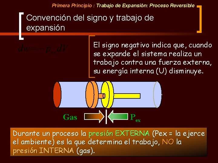Primera Principio : Trabajo de Expansión: Proceso Reversible Convención del signo y trabajo de