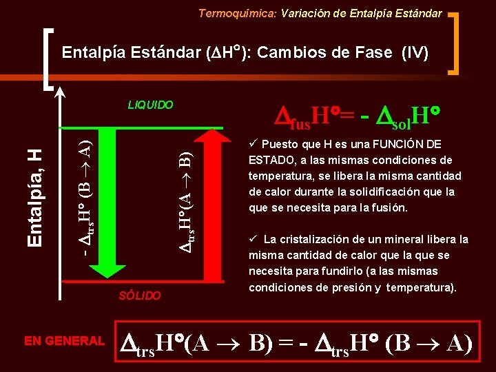 Termoquímica: Variación de Entalpía Estándar ( H ( ): Cambios de Fase (IV) fus.