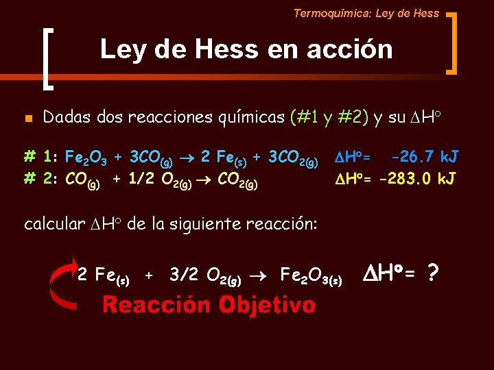 Termoquímica: Ley de Hess en acción n Dadas dos reacciones químicas (#1 y #2)