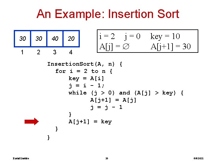 An Example: Insertion Sort 30 30 40 20 1 2 3 4 i=2 j=0