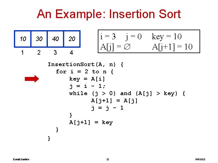 An Example: Insertion Sort 10 30 40 20 1 2 3 4 i=3 j=0