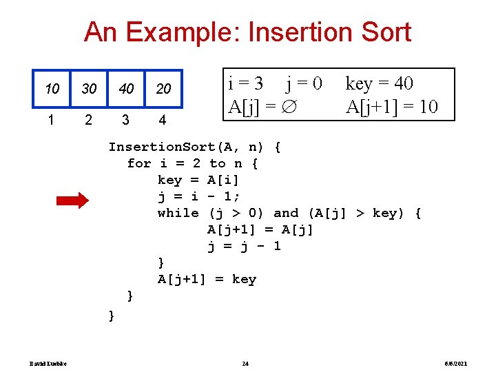 An Example: Insertion Sort 10 30 40 20 1 2 3 4 i=3 j=0