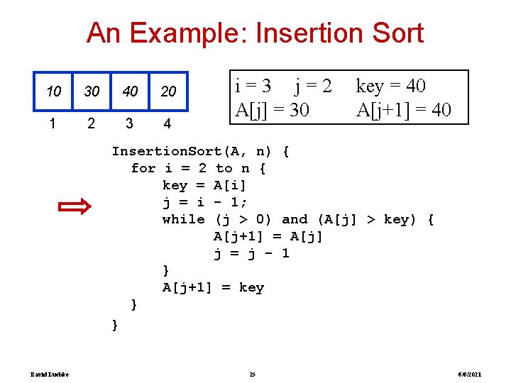 An Example: Insertion Sort 10 30 40 20 1 2 3 4 i=3 j=2