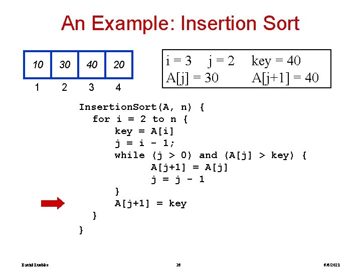 An Example: Insertion Sort 10 30 40 20 1 2 3 4 i=3 j=2