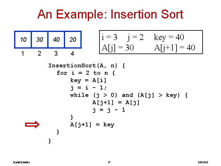 An Example: Insertion Sort 10 30 40 20 1 2 3 4 i=3 j=2