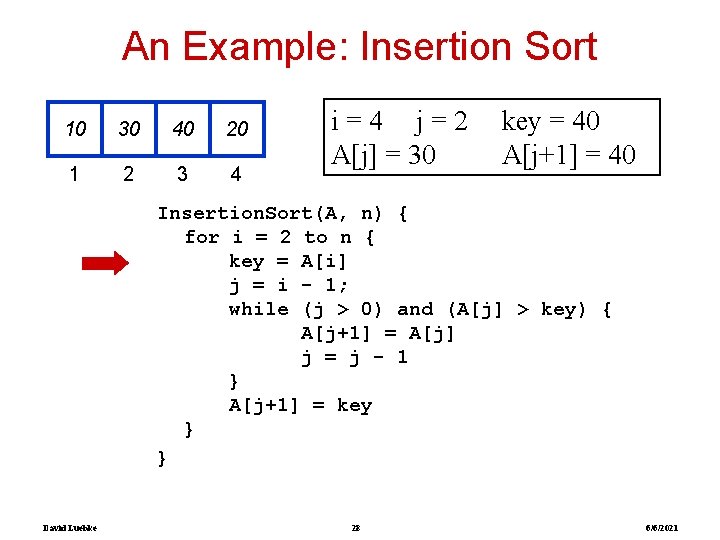 An Example: Insertion Sort 10 30 40 20 1 2 3 4 i=4 j=2