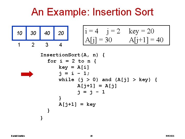 An Example: Insertion Sort 10 30 40 20 1 2 3 4 i=4 j=2