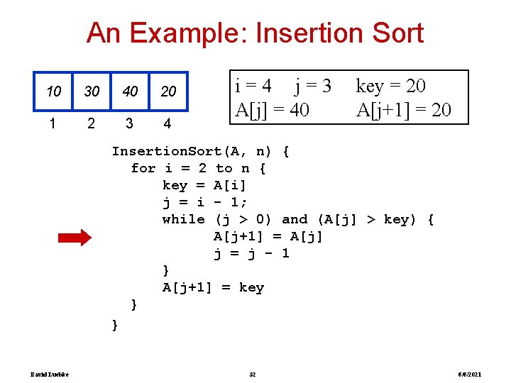 An Example: Insertion Sort 10 30 40 20 1 2 3 4 i=4 j=3