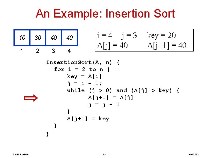 An Example: Insertion Sort 10 30 40 40 1 2 3 4 i=4 j=3