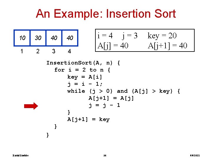 An Example: Insertion Sort 10 30 40 40 1 2 3 4 i=4 j=3