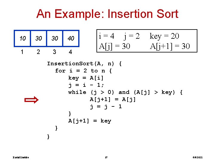 An Example: Insertion Sort 10 30 30 40 1 2 3 4 i=4 j=2