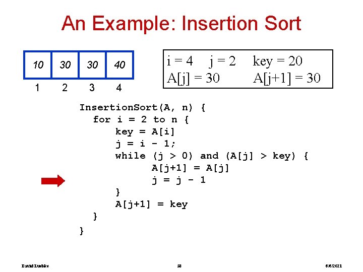 An Example: Insertion Sort 10 30 30 40 1 2 3 4 i=4 j=2