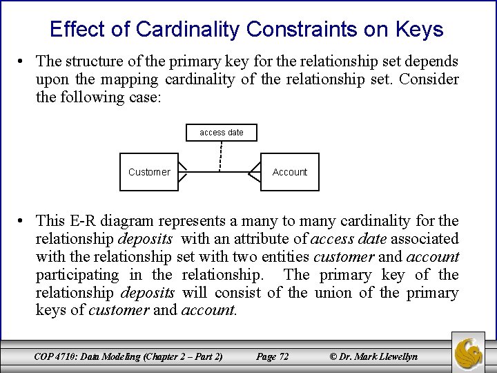 Effect of Cardinality Constraints on Keys • The structure of the primary key for
