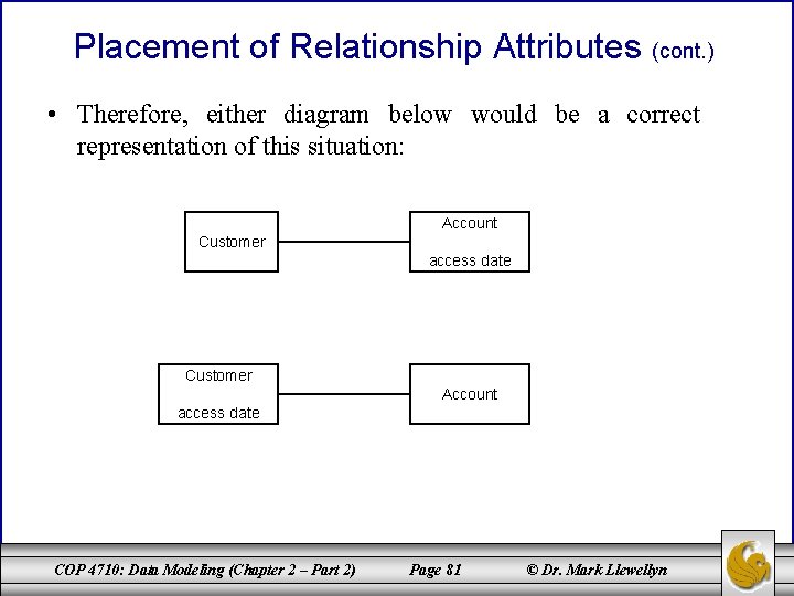 Placement of Relationship Attributes (cont. ) • Therefore, either diagram below would be a