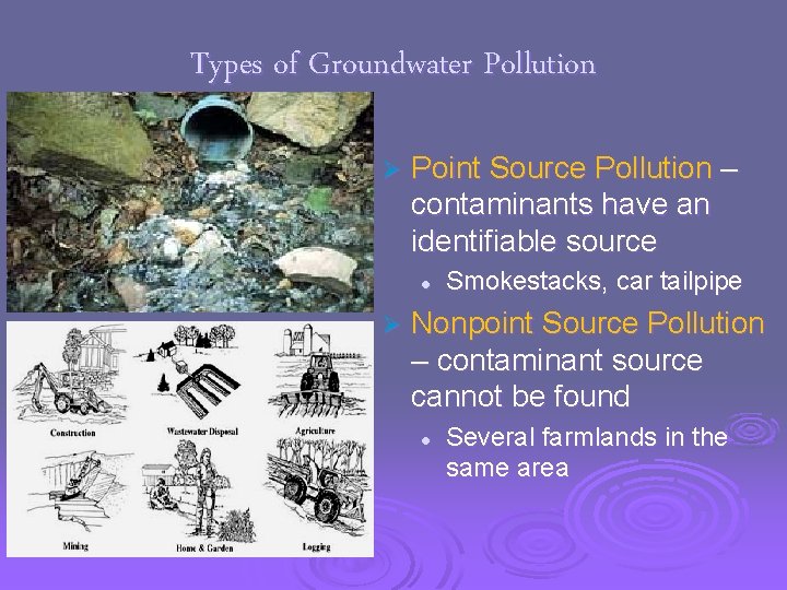 Types of Groundwater Pollution Ø Point Source Pollution – contaminants have an identifiable source