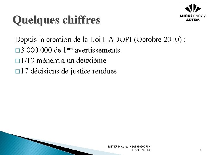 Quelques chiffres Depuis la création de la Loi HADOPI (Octobre 2010) : � 3