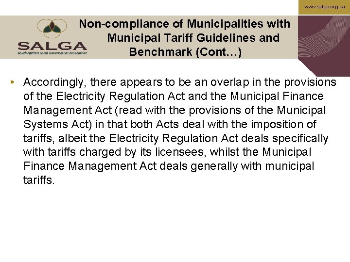 www. salga. org. za Non-compliance of Municipalities with Municipal Tariff Guidelines and Benchmark (Cont…)