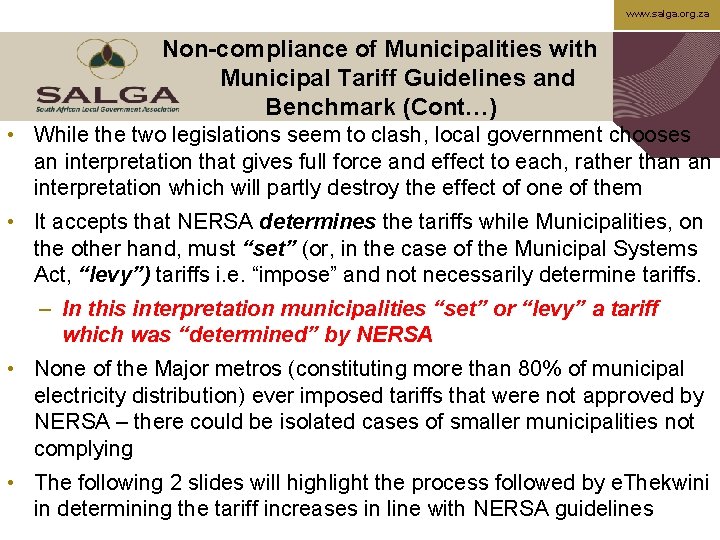 www. salga. org. za Non-compliance of Municipalities with Municipal Tariff Guidelines and Benchmark (Cont…)