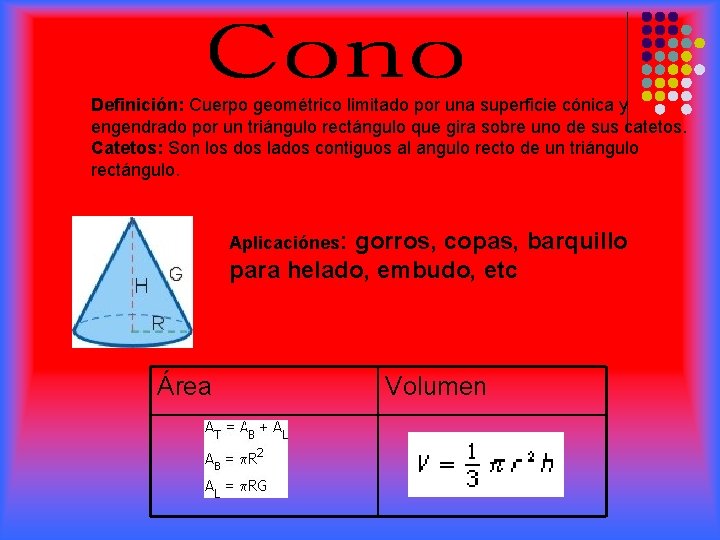 Definición: Cuerpo geométrico limitado por una superficie cónica y engendrado por un triángulo rectángulo