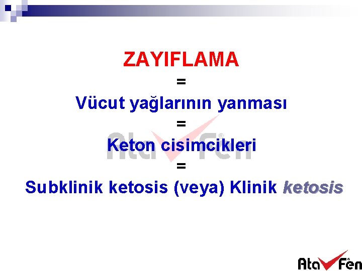 ZAYIFLAMA = Vücut yağlarının yanması = Keton cisimcikleri = Subklinik ketosis (veya) Klinik ketosis