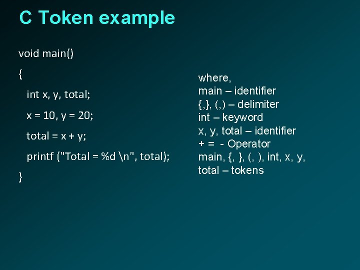 C Token example void main() { int x, y, total; x = 10, y
