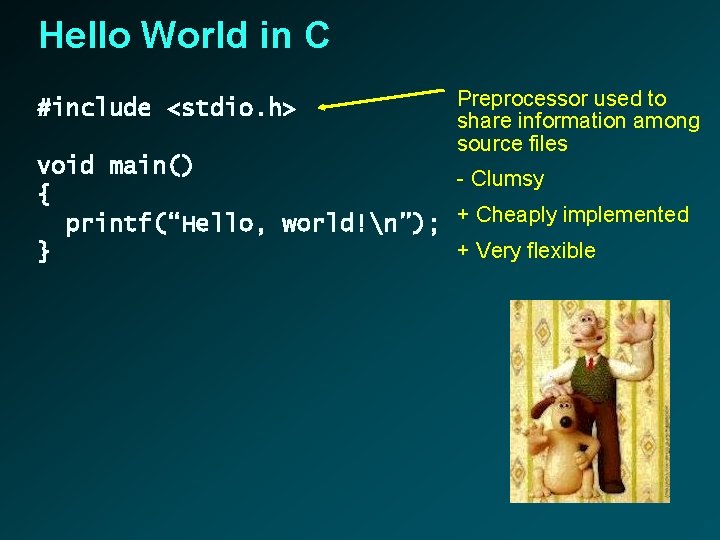 Hello World in C #include <stdio. h> Preprocessor used to share information among source