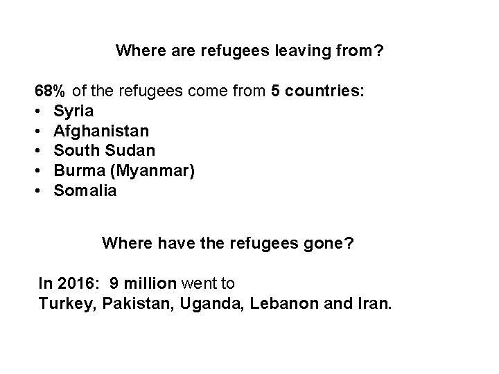 Where are refugees leaving from? 68% of the refugees come from 5 countries: •