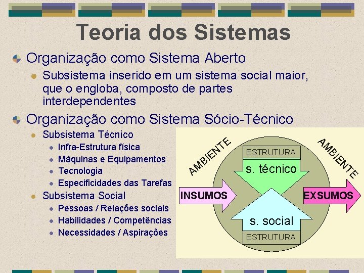 Teoria dos Sistemas Organização como Sistema Aberto l Subsistema inserido em um sistema social