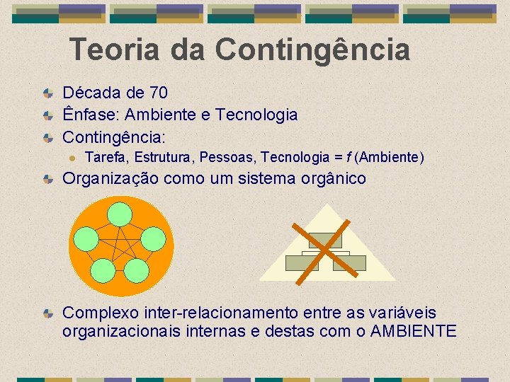 Teoria da Contingência Década de 70 Ênfase: Ambiente e Tecnologia Contingência: l Tarefa, Estrutura,