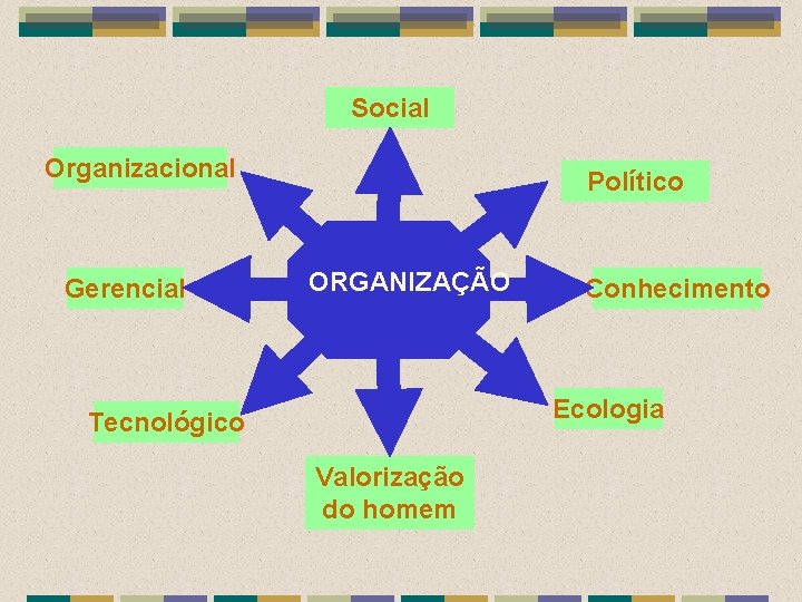 Social Organizacional Gerencial Político ORGANIZAÇÃO Conhecimento Ecologia Tecnológico Valorização do homem 