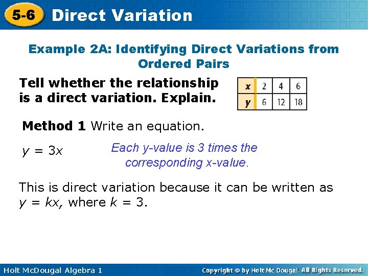 5 -6 Direct Variation Example 2 A: Identifying Direct Variations from Ordered Pairs Tell