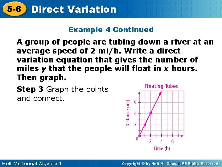 5 -6 Direct Variation Example 4 Continued A group of people are tubing down