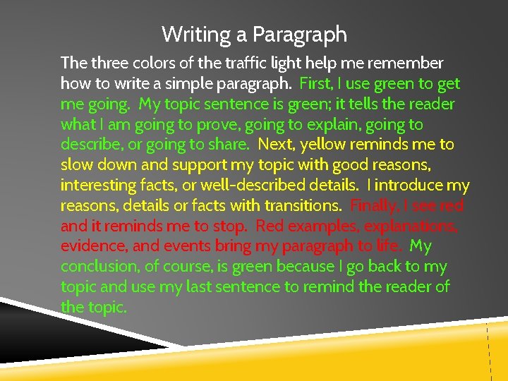 Writing a Paragraph The three colors of the traffic light help me remember how