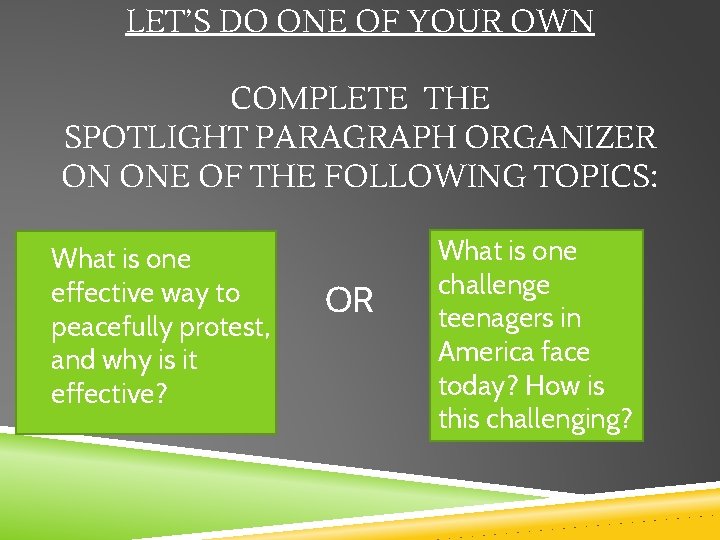 LET’S DO ONE OF YOUR OWN COMPLETE THE SPOTLIGHT PARAGRAPH ORGANIZER ON ONE OF