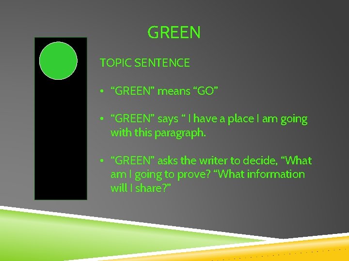GREEN TOPIC SENTENCE • “GREEN” means “GO” • “GREEN” says “ I have a