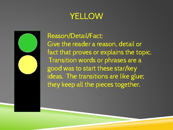 YELLOW Reason/Detail/Fact: Give the reader a reason, detail or fact that proves or explains